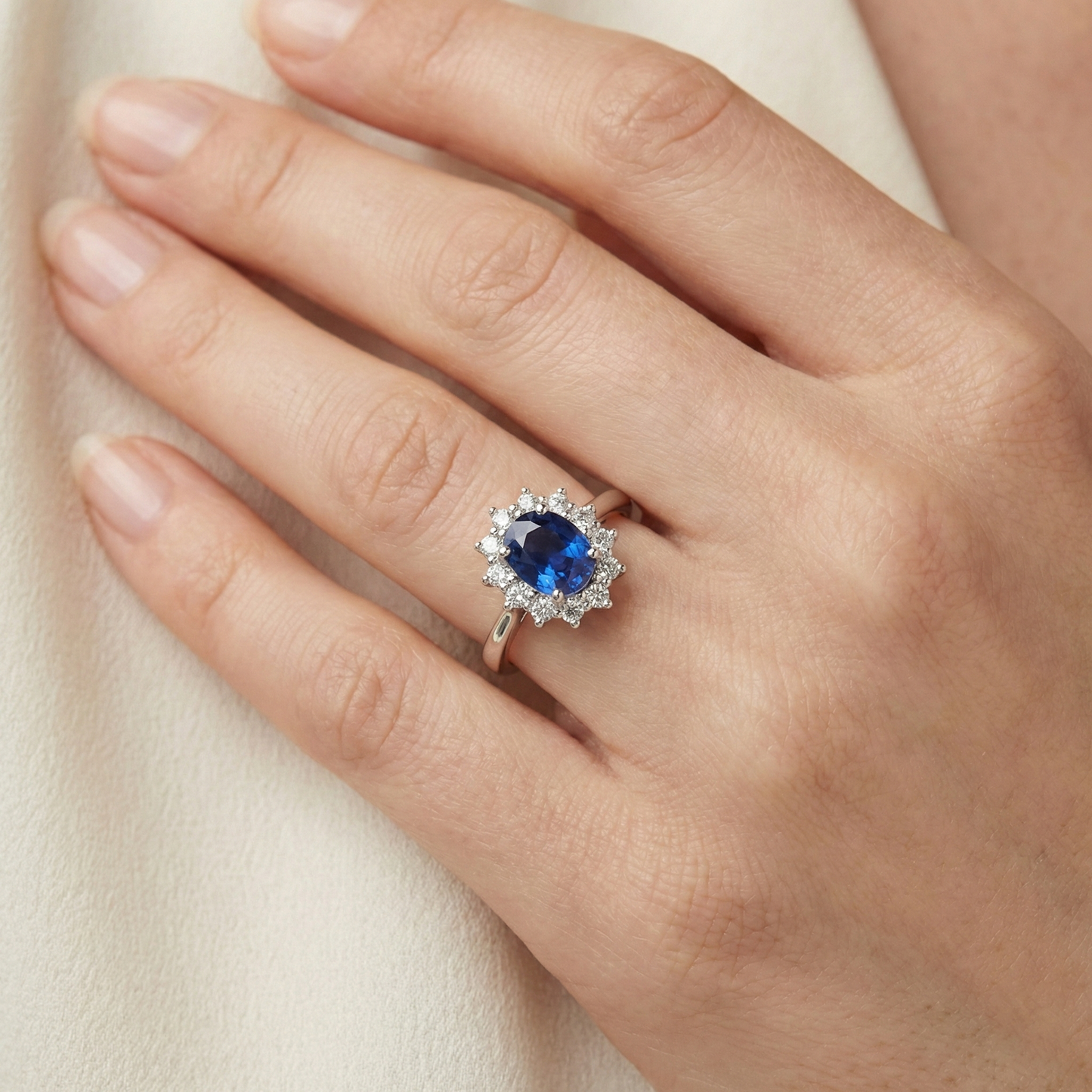 natural round sapphire 1.55ct ring on white background