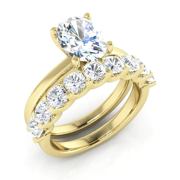 Oval Solitaire Ring & Cushion Cut Real Diamond Band Bridal Set
