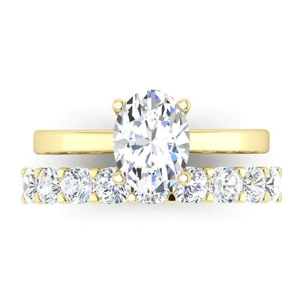 Oval Solitaire Ring & Cushion Cut Real Diamond Band Bridal Set