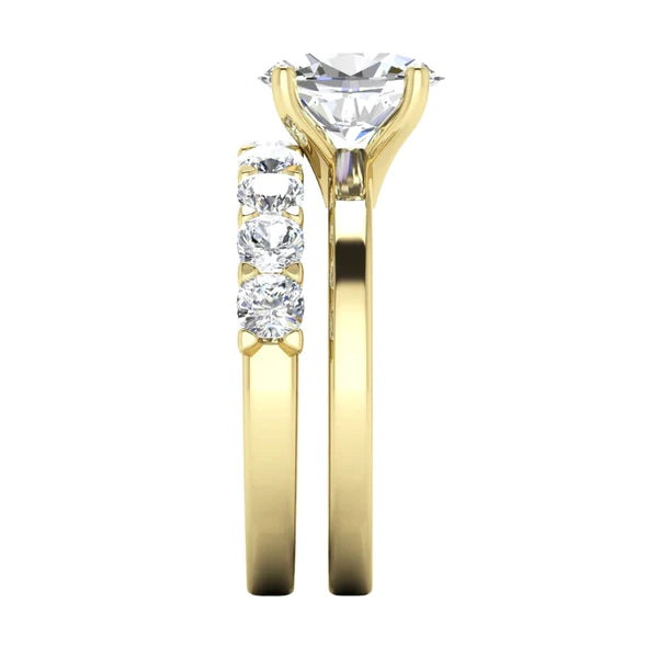 Oval Solitaire Ring & Cushion Cut Real Diamond Band Bridal Set