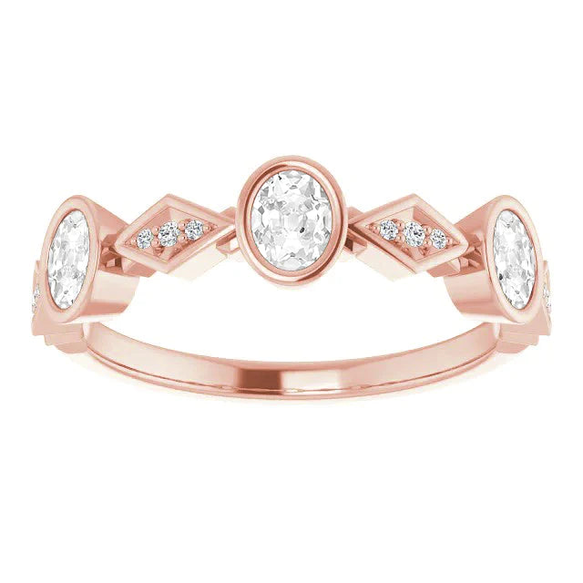 Oval Old Cut Lab Grown Diamond Half Eternity Band Bezel Prong Set