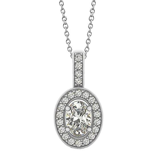 Oval & Round Real Diamond Pendant Necklace 1.50 Carats Without Chain WG 14K