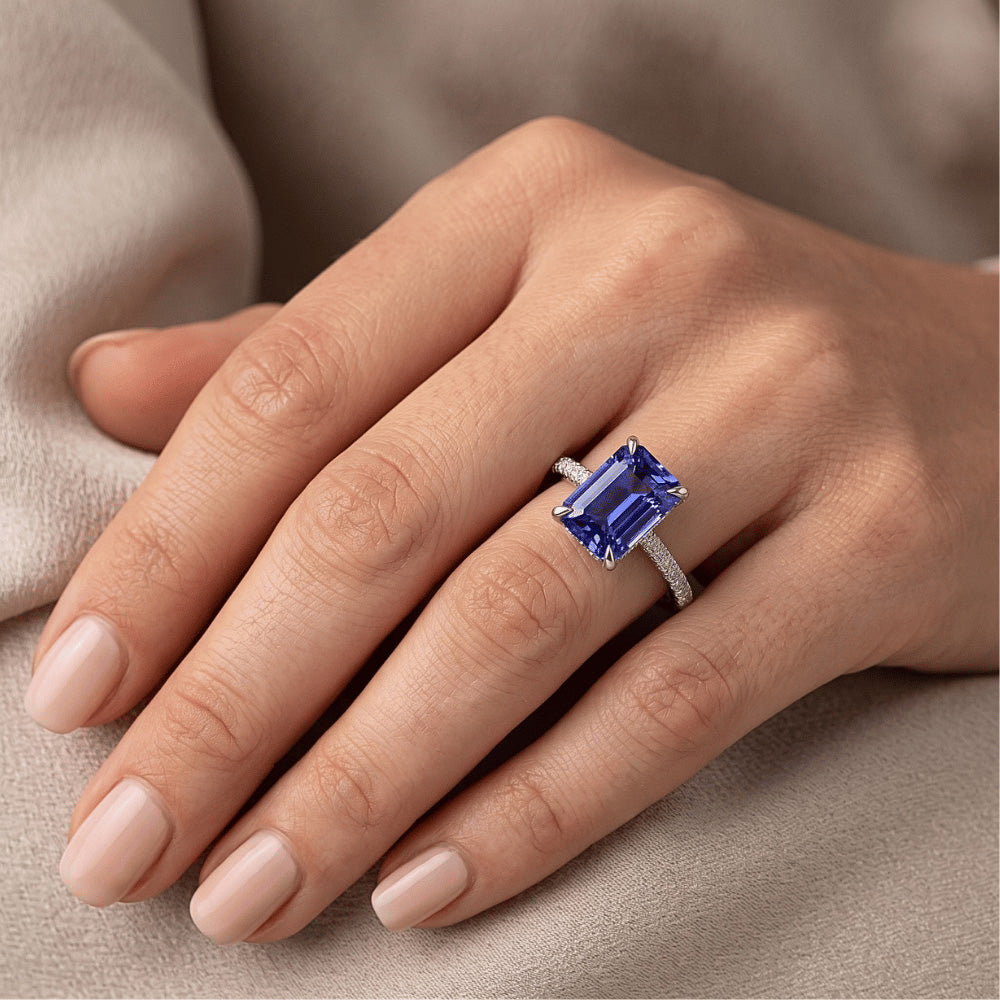 Pave Set Natural Earth Mined Diamond ( Not Lab Grown ) Ring Emerald Ceylon Sapphire White Gold 3.50 Carats