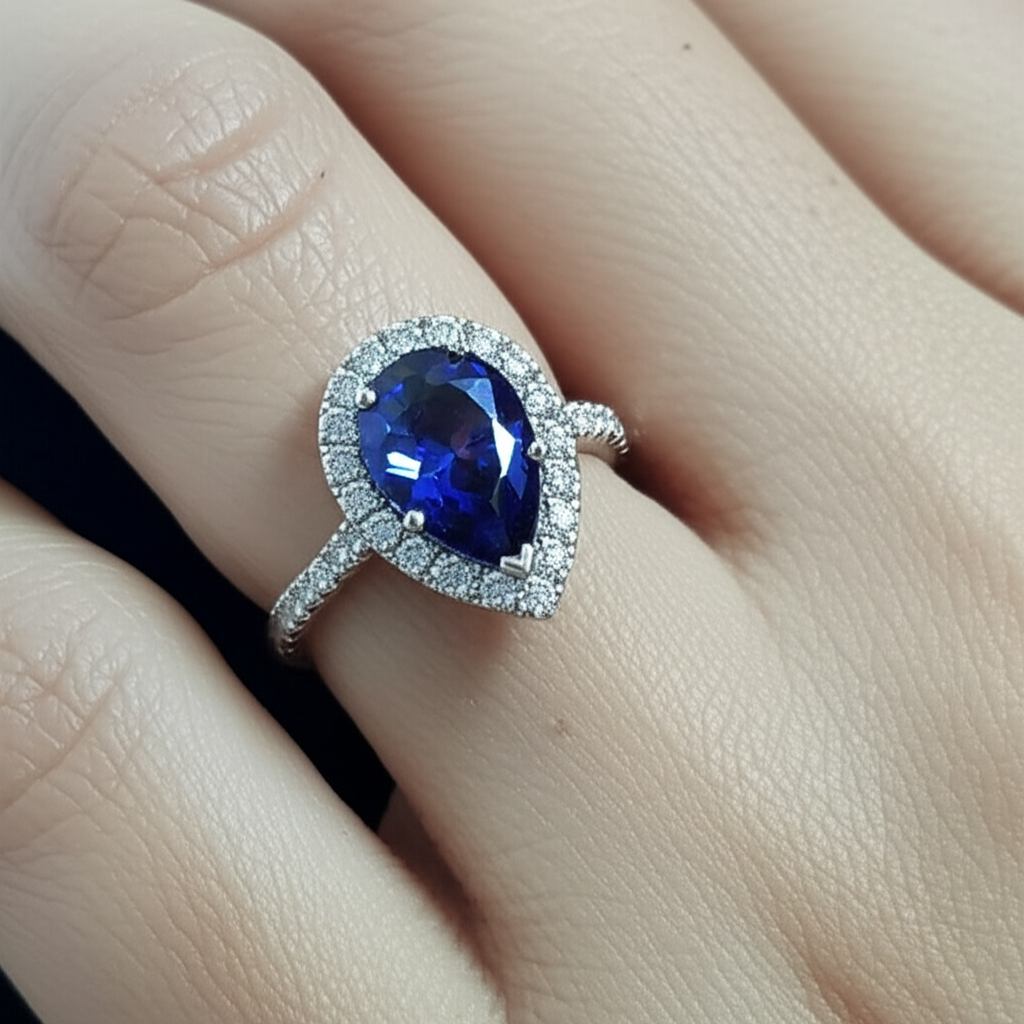 Pear Cut Sapphire And Natural Earth Mined Diamond ( Not Lab Grown ) Ring