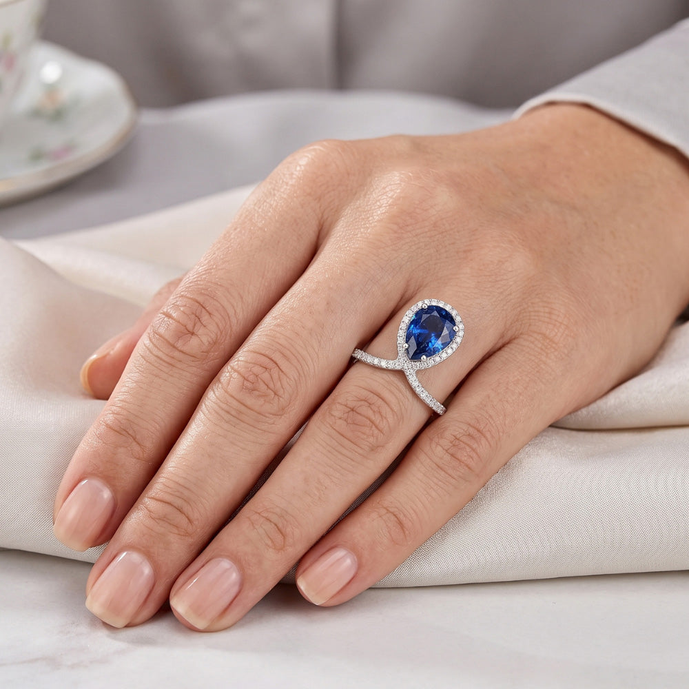 Pear Halo Natural Earth Mined Diamond ( Not Lab Grown ) Ring Enhancer Blue Sapphire 3.50 Carats