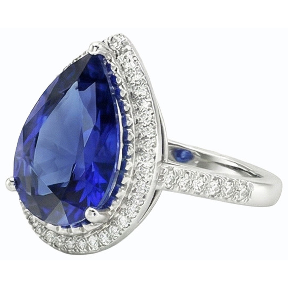Pear Halo Ring Ceylon Sapphire Jewelry With Accents 4 Carats Gold