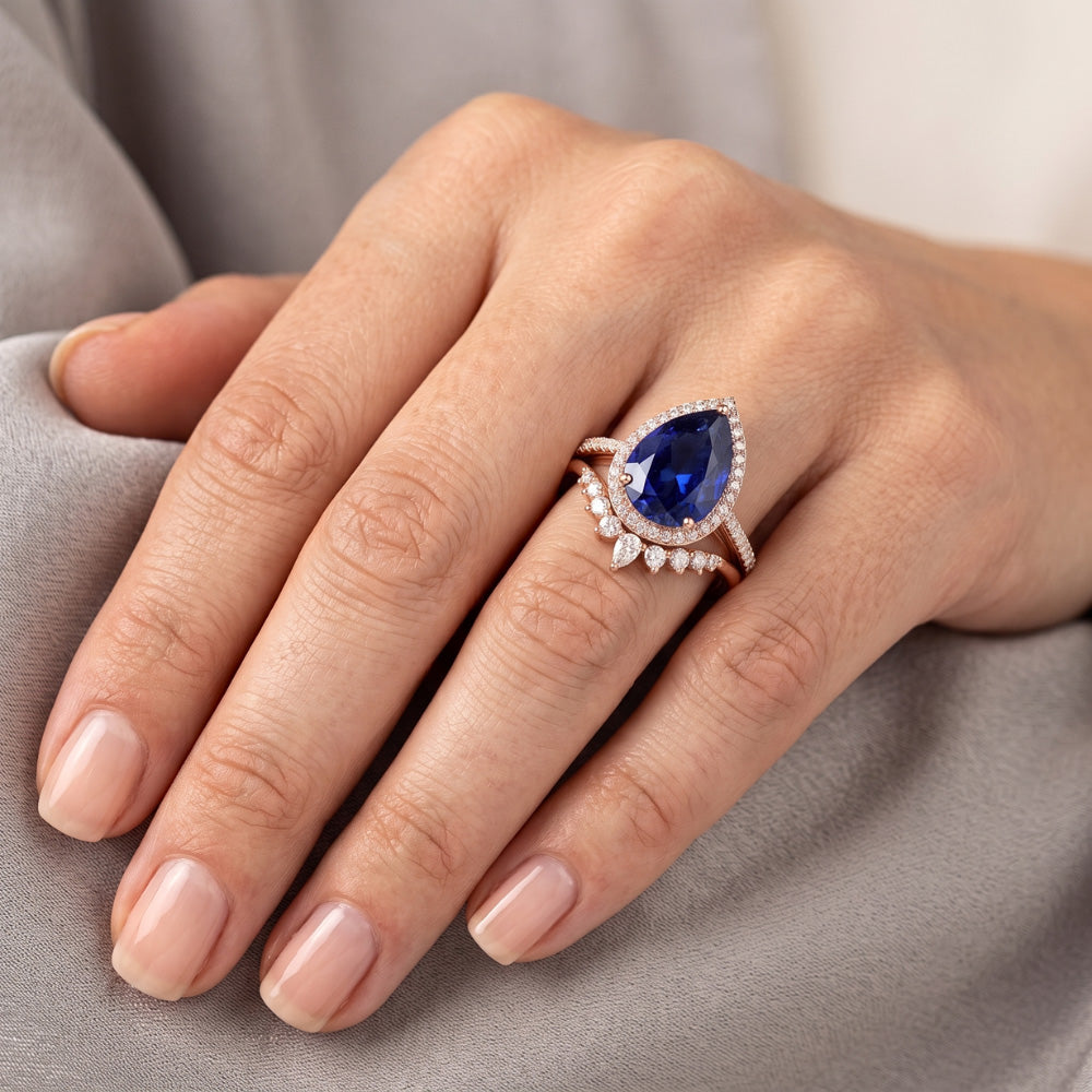 Pear Halo Wedding Ring Set Deep Blue Sapphire & Natural Earth Mined Diamond ( Not Lab Grown )s 4.50 Carats