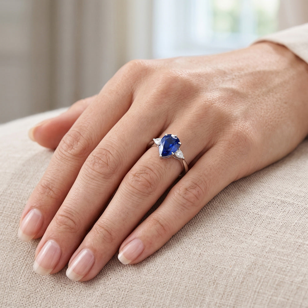 Pear Natural Earth Mined Diamond ( Not Lab Grown ) 3 Stone Blue Sapphire Ring 1.75 Carats Tapered Shank Gold