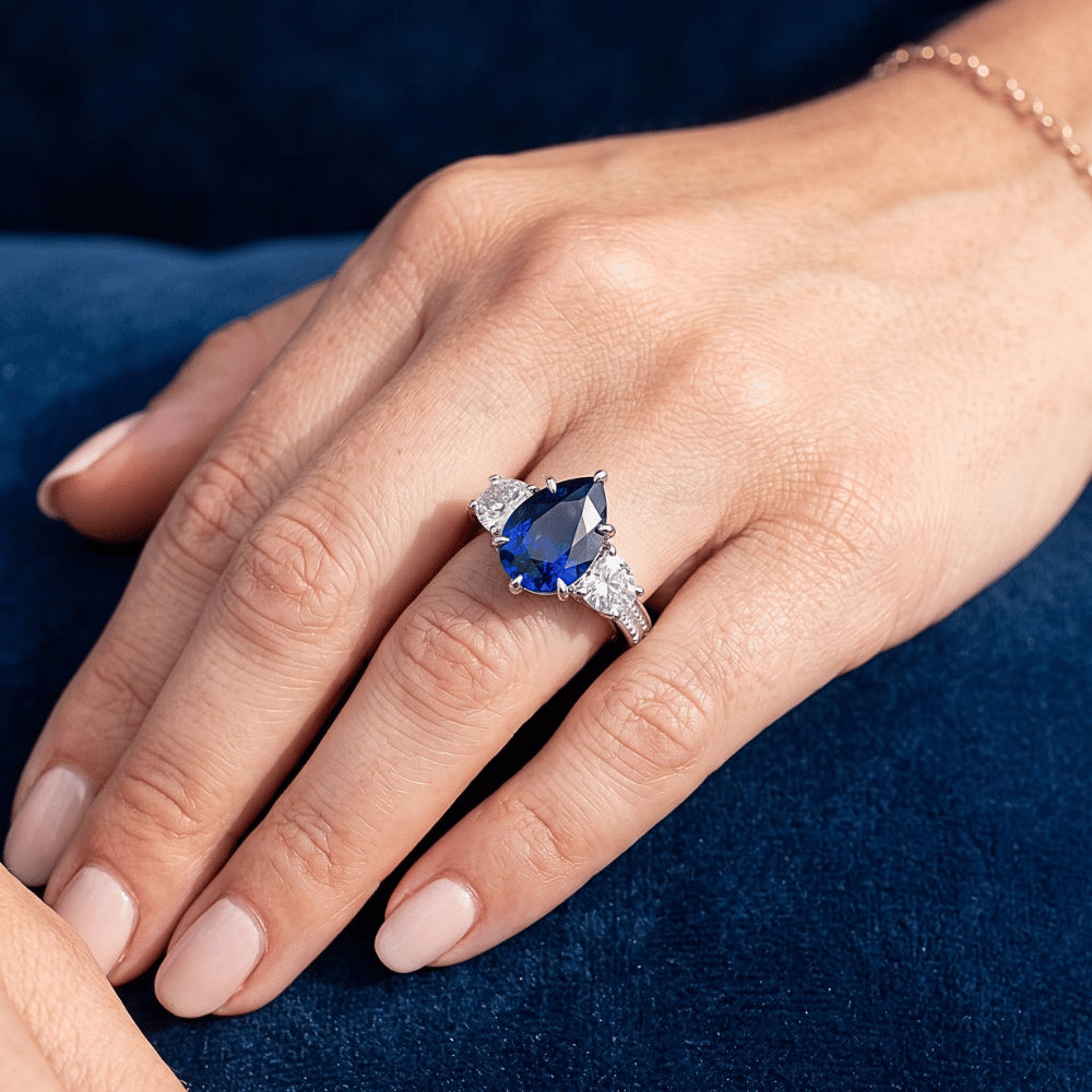 Pear Sapphire Gemstone Ring With Accents Round Natural Earth Mined Diamond ( Not Lab Grown )s 3.50 Carats