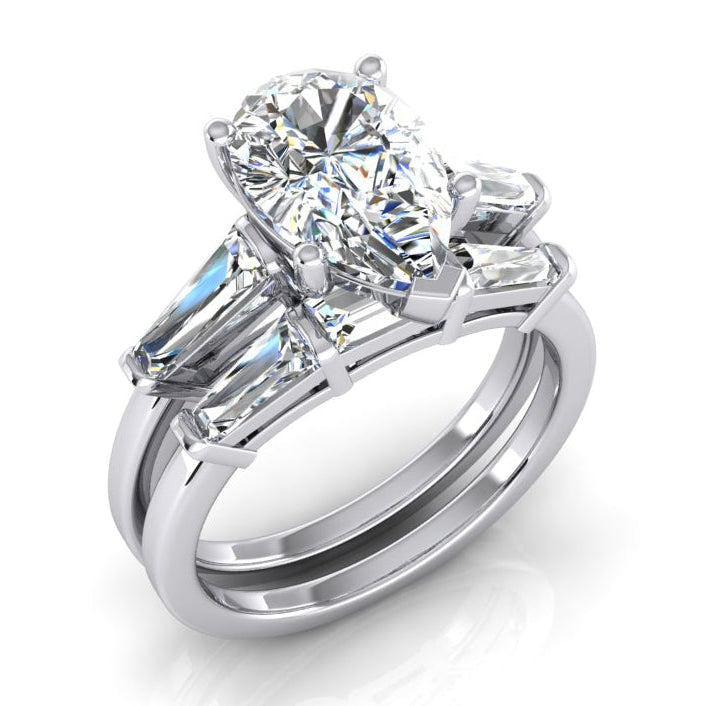 Pear Shaped Wedding Band Set Real 2.85 Carats With Baguettes