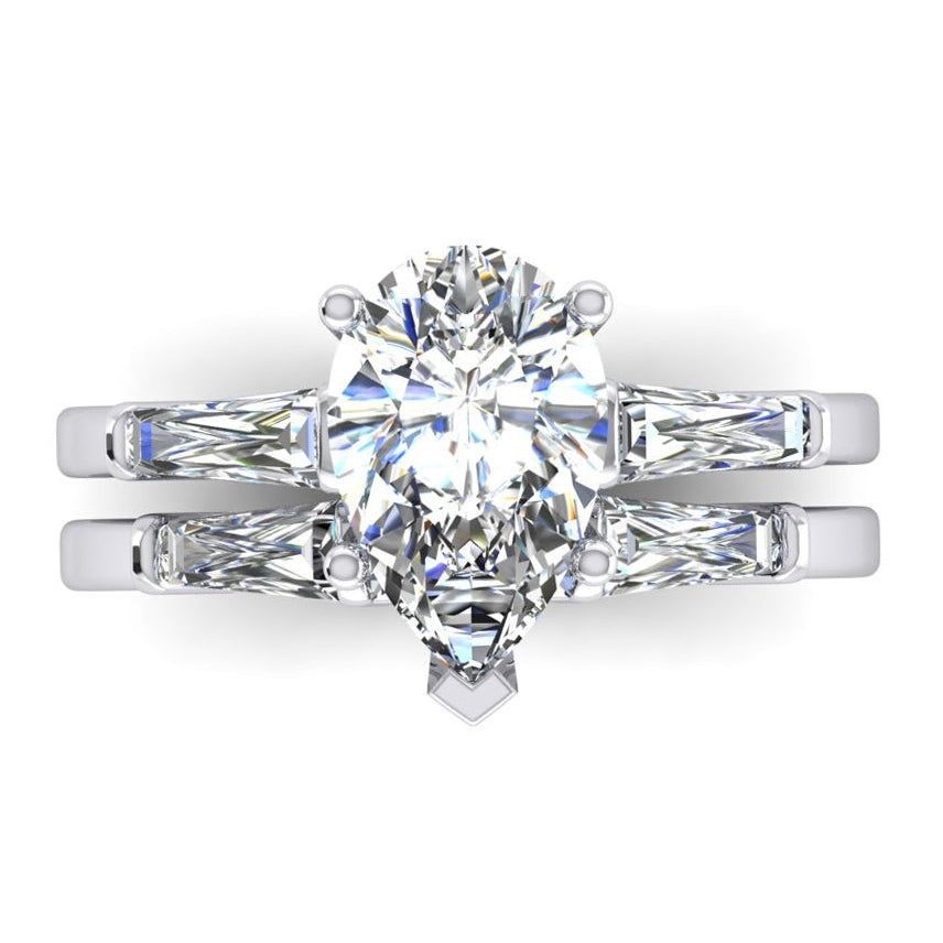 Pear Shaped Wedding Band Set Real 2.85 Carats With Baguettes