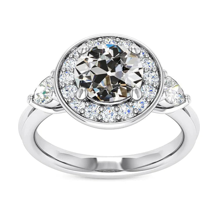 Pear & Round Old Cut Real Diamond Halo Ring 3 Stone Style 6.50 Carats