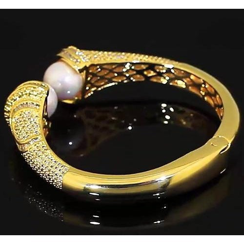 Pearl Real Diamond Bangle 10 Mm 5 Carats Women Yellow Gold 14K