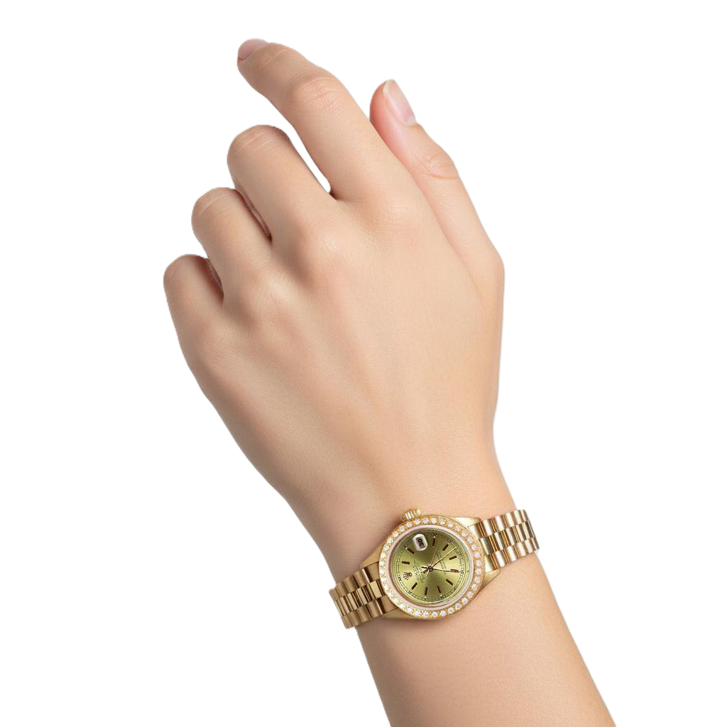 President Style Champagne Stick Dial Dg Watch Diamond Bezel Rolex P2