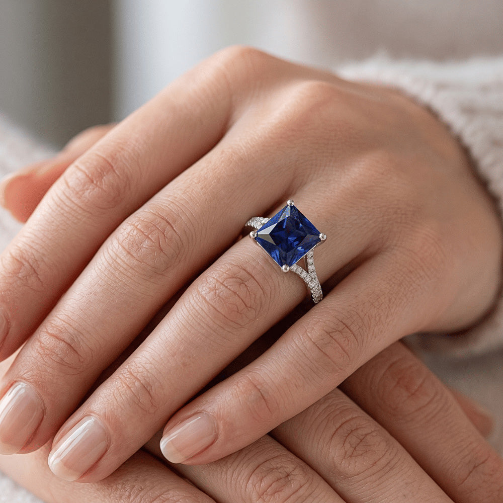Princess Cut Solitaire Gemstone Ring With Pave Natural Earth Mined Diamond ( Not Lab Grown ) Accents 6 Carat