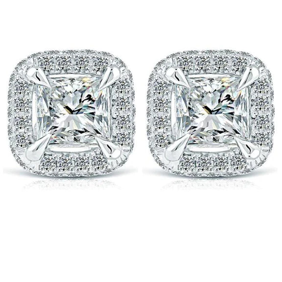 Princess And Round 4.00 Carats Natural Diamonds Studs Halo Earrings Gold White