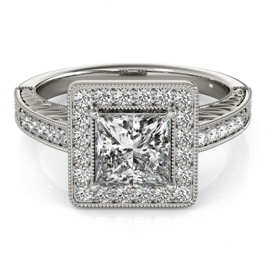 Princess Halo Real Diamond Ring With Accents White Gold 14K