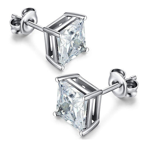 Princess Cut Real Natural Earth Mined Diamonds Studs Earrings 3.00 Carats White Gold