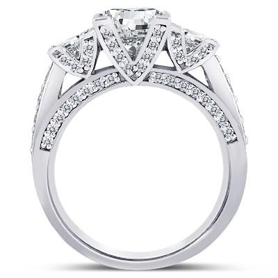 Princess & Round Real Diamond 3 Carat 3 Stone Style Engagement Ring