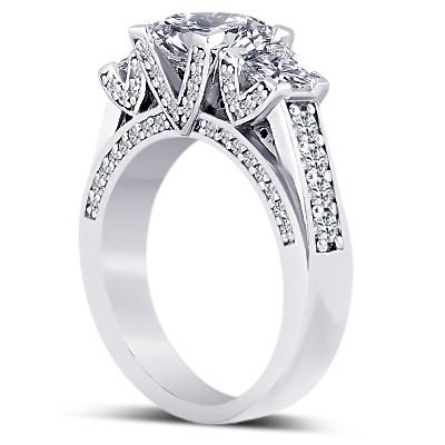 Princess & Round Real Diamond 3 Carat 3 Stone Style Engagement Ring