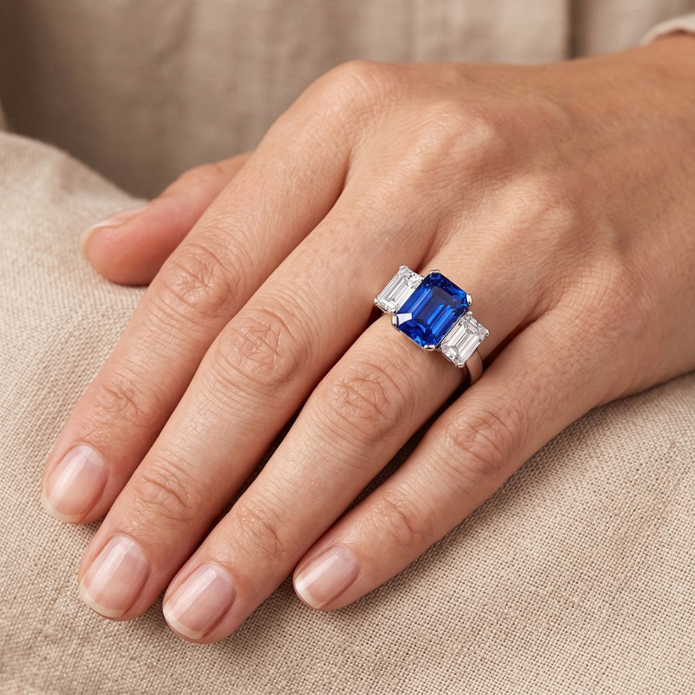 Radiant Natural Earth Mined Diamond ( Not Lab Grown ) Jewelry 3 Carats Three Stone Blue Sapphire Ring