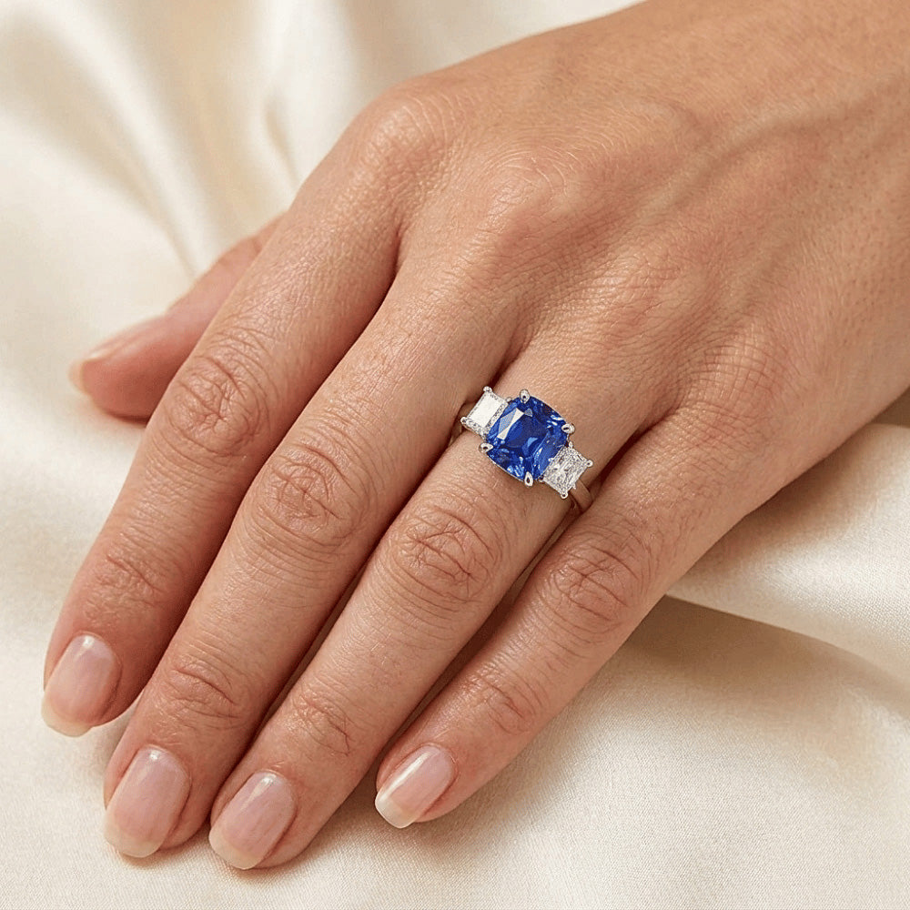 Radiant Natural Earth Mined Diamond ( Not Lab Grown ) & Blue sapphire Ring 3 Stone Gemstone Jewelry 2 Carats