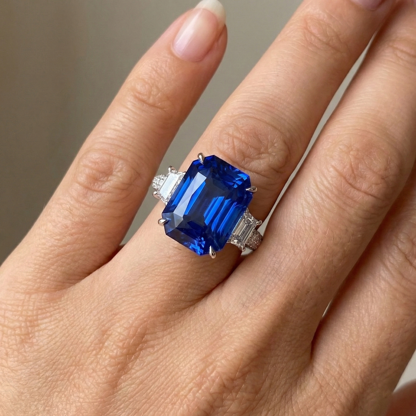 Radiant Natural Earth Mined Diamond ( Not Lab Grown ) Ceylon Sapphire Ring 7.50 Carats 3 Stone Prong Style