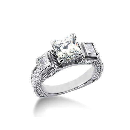 Real 3 Stone Euro Shank Antique Style Engagement Ring White Gold 14K