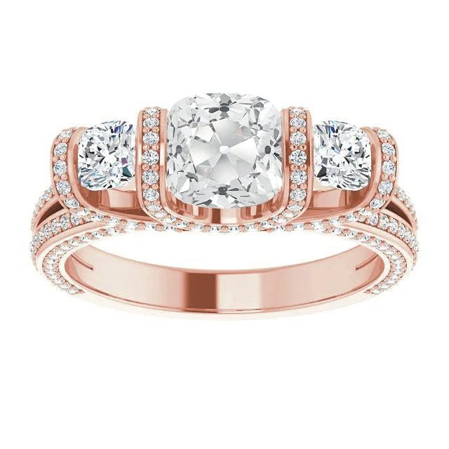 Real Cushion Old Cut Diamond Ring Split Shank 11.50 Carats 3 Stone Style