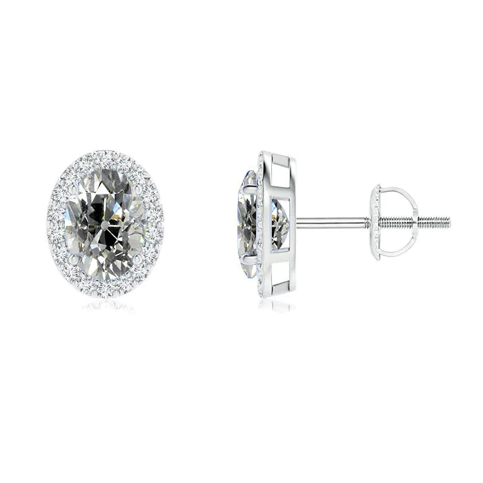 Real Diamond Halo Studs Oval Old European 6 Carats Screw Backs White Gold