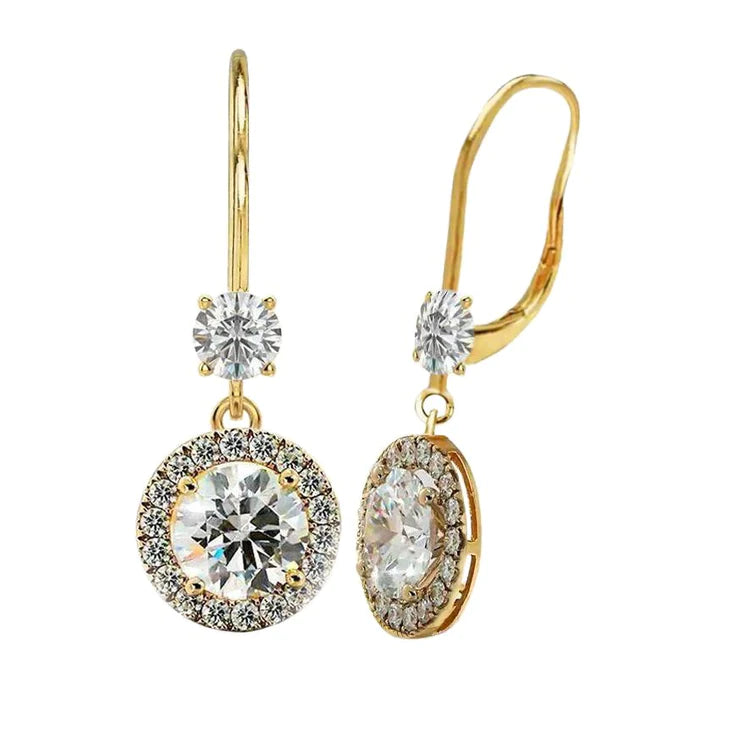 Real Halo Drop Dangle Earrings Leverbacks 4.80 Carats Yellow Gold