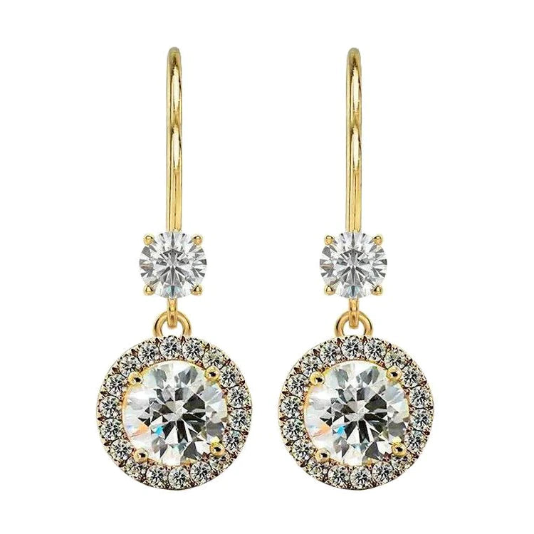 Real Halo Drop Dangle Earrings Leverbacks 4.80 Carats Yellow Gold 14K