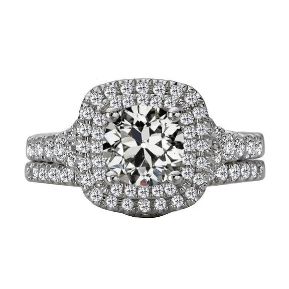 Real Halo Engagement Ring Set Old Mine Cut Diamond Pave Set 6.50 Carats