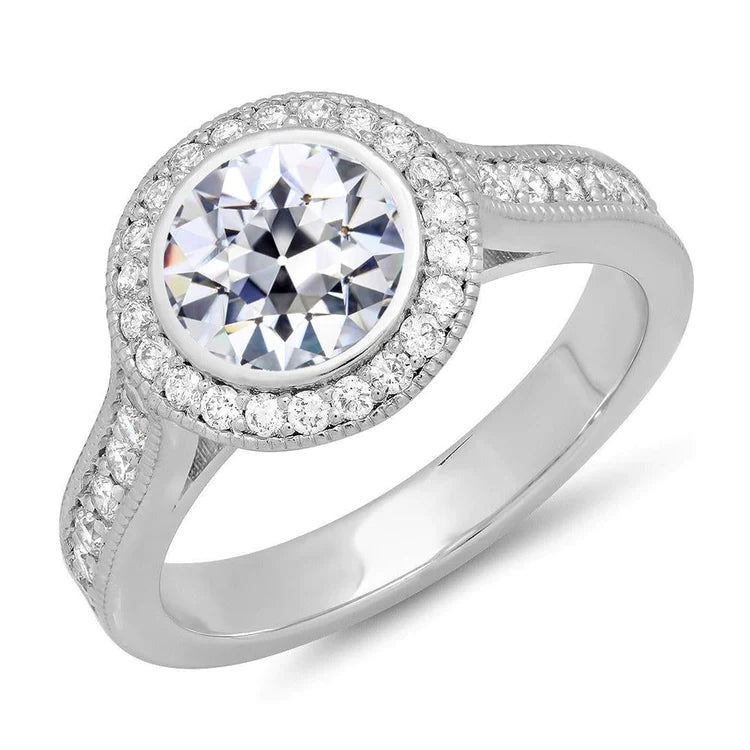 Real Halo Ring Round Old Mine Cut Diamond Bezel Set Milgrain 5.50 Carats