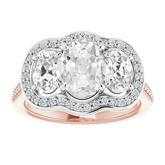Real Oval Old Cut Diamond Halo Ring Two Tone Prong Set 12 Carats