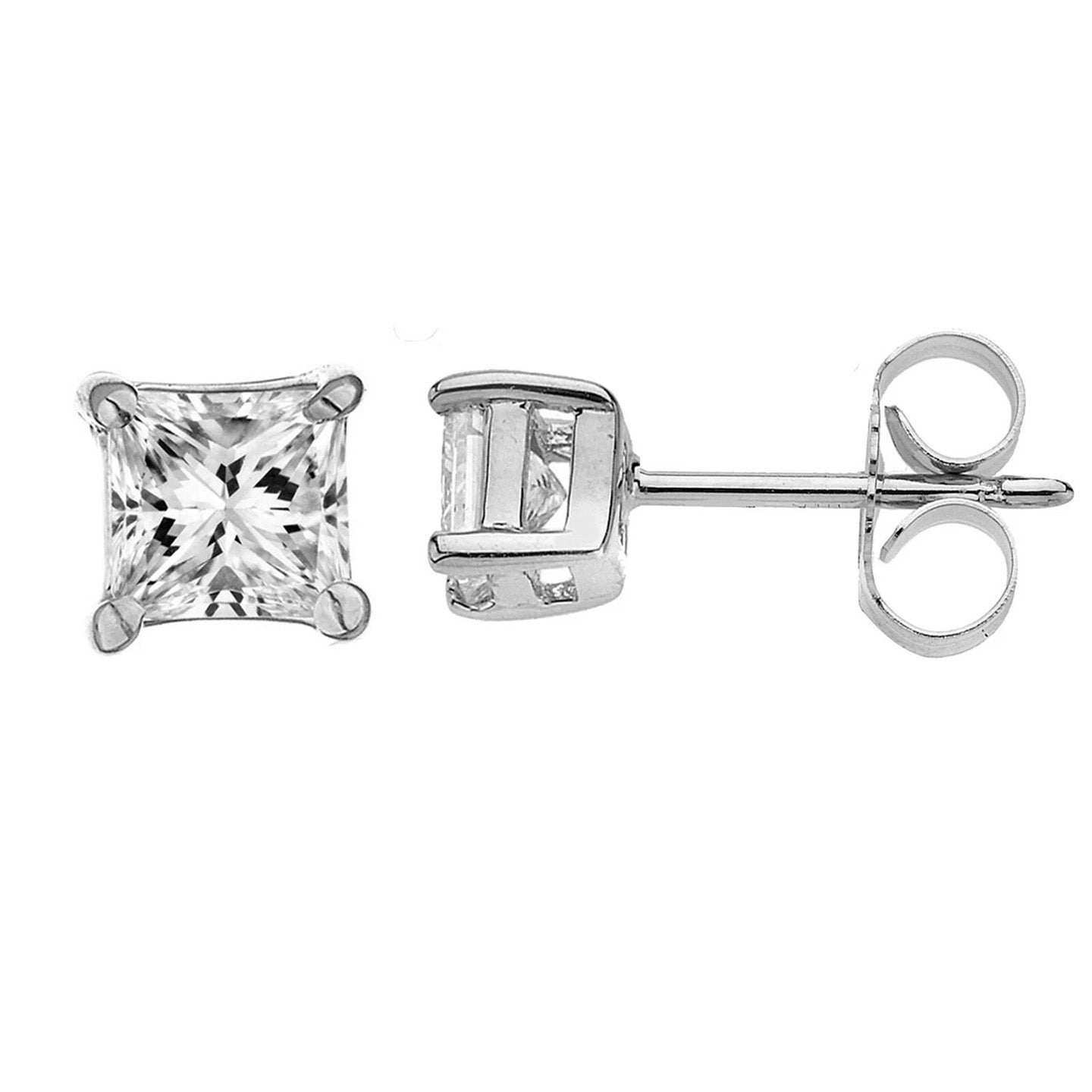 Princess Cut Real Natural Earth Mined Diamond Stud Earring 4 Prong Set 3.0 Carat White Gold 14K