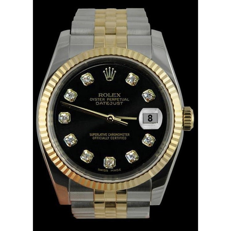 Rolex Black Diamond Dial Datejust Gents Watch Two Tone Jubilee