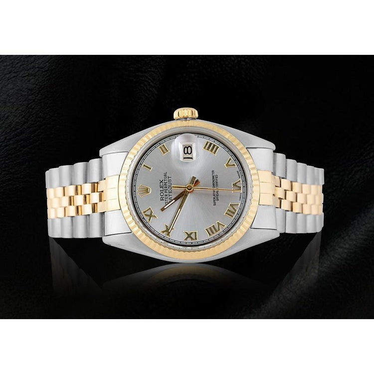 Gray Roman Dial Fluted Bezel Men Watch Two Tone
