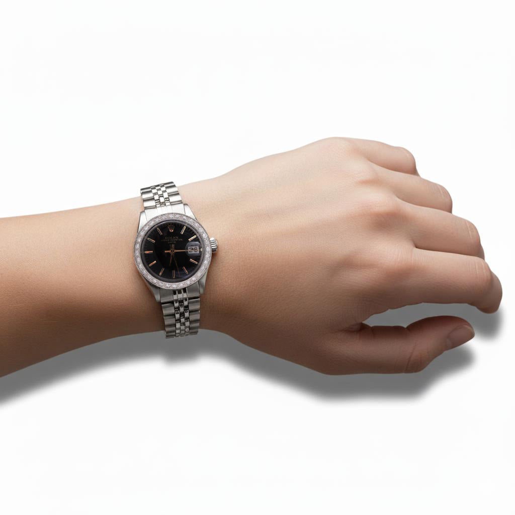 Rolex Date Black Stick Dial Diamond Bezel Women Watch Ss Jubilee P2