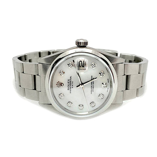 Rolex Date White Mother of Pearl Diamond Dial 34 mm Stainlesss Steel Watch