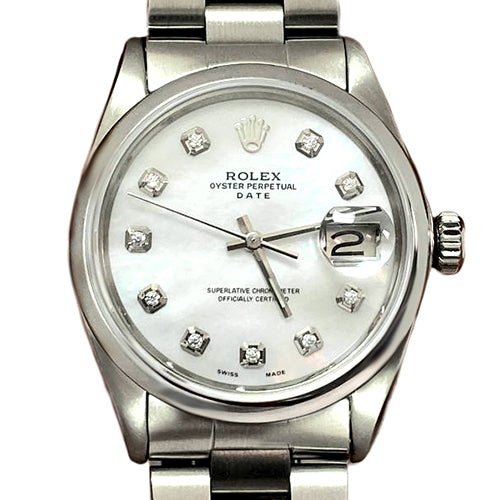 Rolex Date White Mother of Pearl Diamond Dial 34 mm Stainlesss Steel Watch