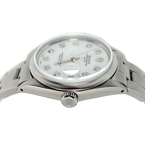Rolex Date White Mother of Pearl Diamond Dial 34 mm Stainlesss Steel Watch