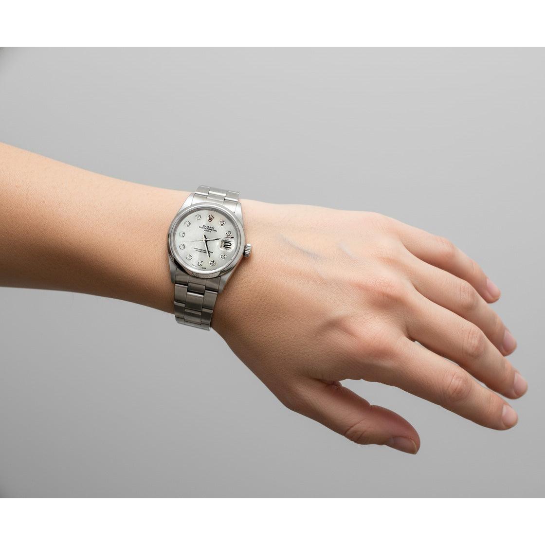 Rolex Date White Mother of Pearl Diamond Dial 34 mm Stainlesss Steel Watch