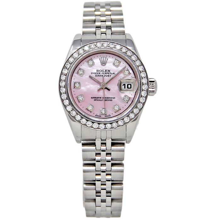 Rolex Datejust 26 mm Pink Mother Of Pearl 2004 Diamond Dial Stainless Steel Watch 79174