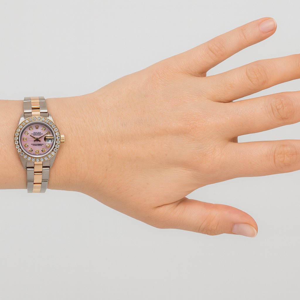 Rolex Datejust 26 mm Pink Mother Of Pearl Diamond Dial Two Tone Oyster Bracelet Watch