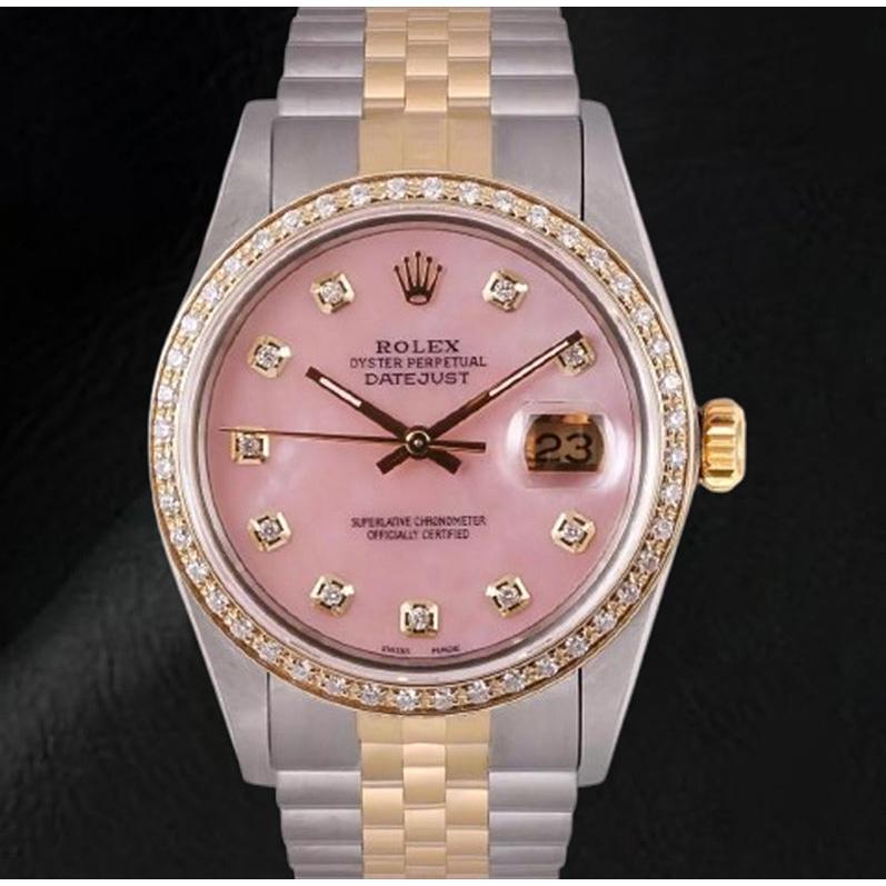 Rolex Datejust 36 mm Pink Mother Of Pearl Diamond Dial Two Tone Watch