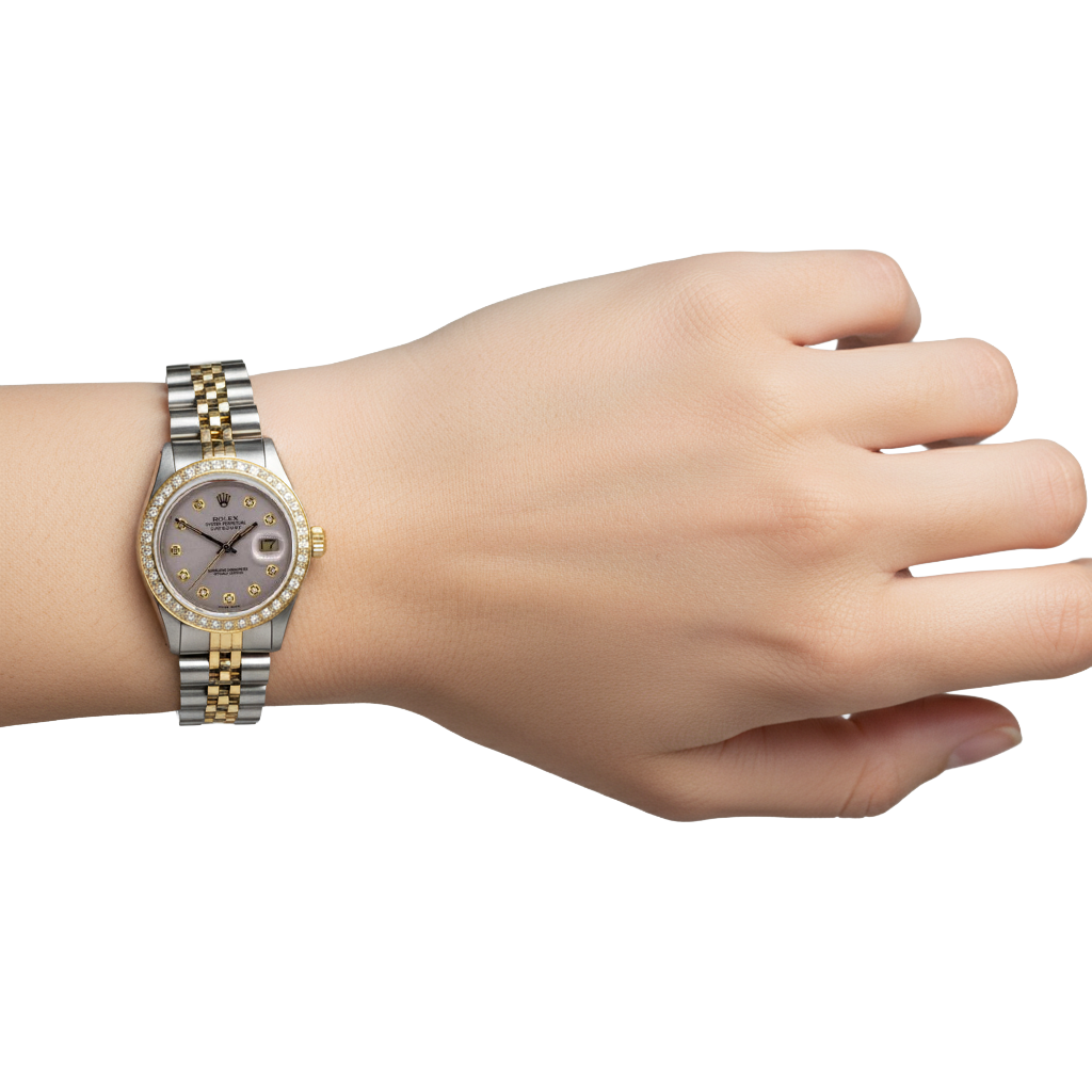 Rolex Datejust Midsize 31 Mm White Mother of Pearl Diamond Dial Diamond Bezel Jubilee Bracelet Watch Ss & Gold P3