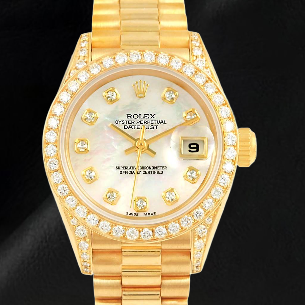 Rolex Datejust Year 2003 White Mother Of Pearl Diamond Dial 26 mm Yellow Gold Ladies Watch
