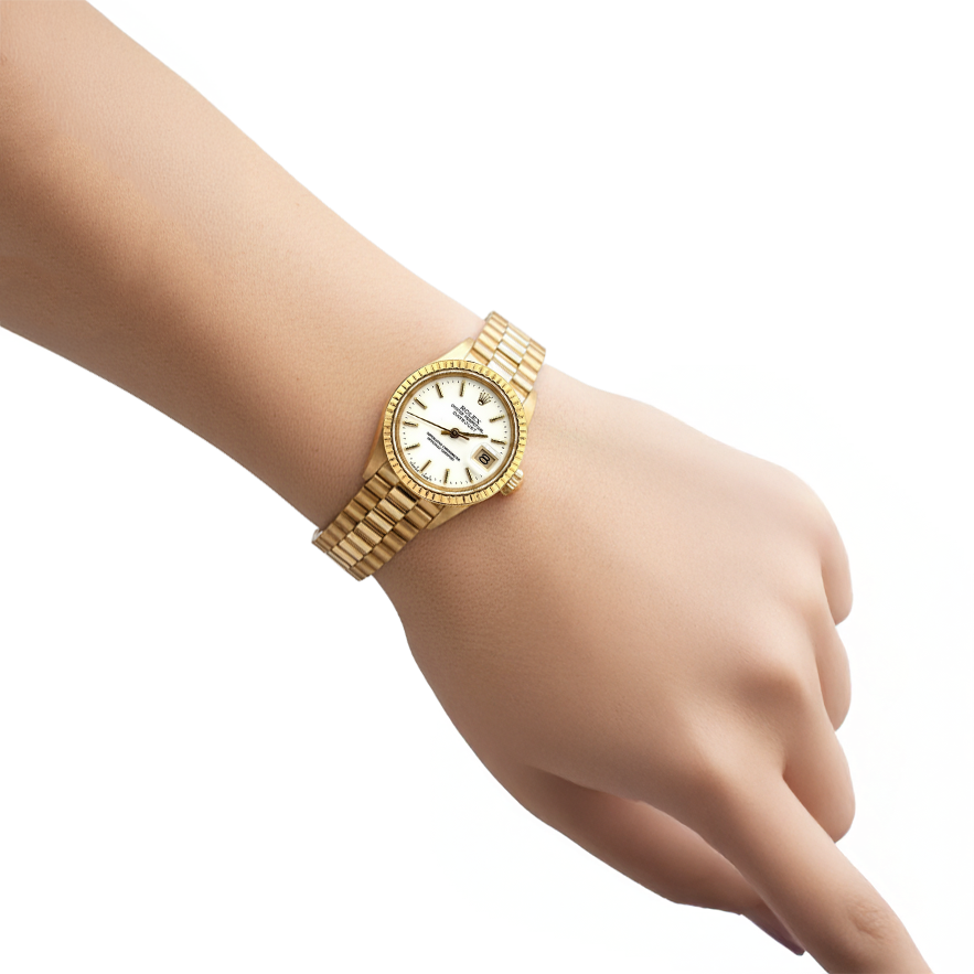 Rolex Dtaejust President Style Yellow Gold Ladies Watch With White Stick Dial P1