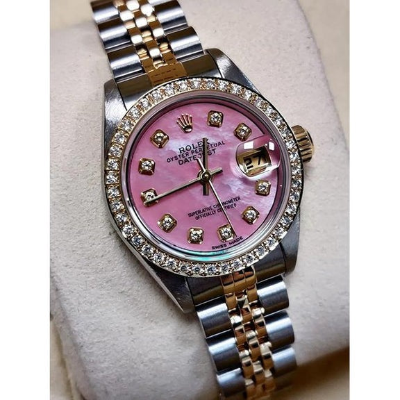 Rolex Ladies 18K Yellow Gold Pink Dial Set Diamond Watch